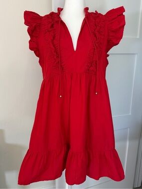 Caroline Constas Red Ruffle V-Neck Babydoll Dress Size Large